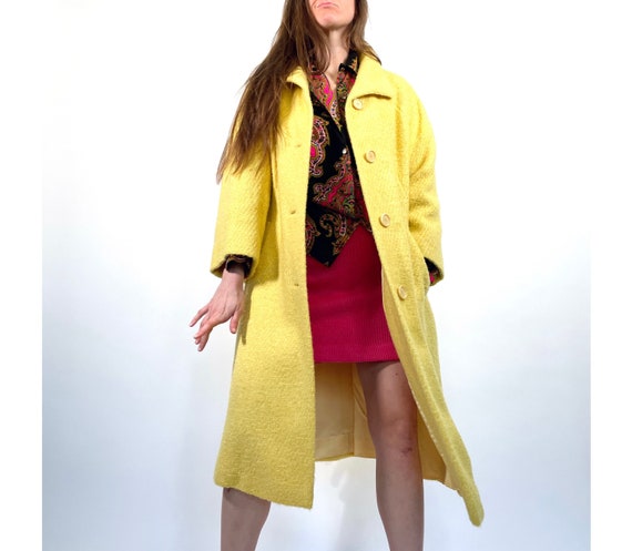 vintage 1960s wool bouclé coat 60s canary yellow … - image 1