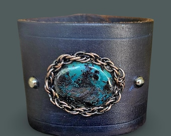 Blue Turquoise Stone Heavy Leather Cuff Bracelet