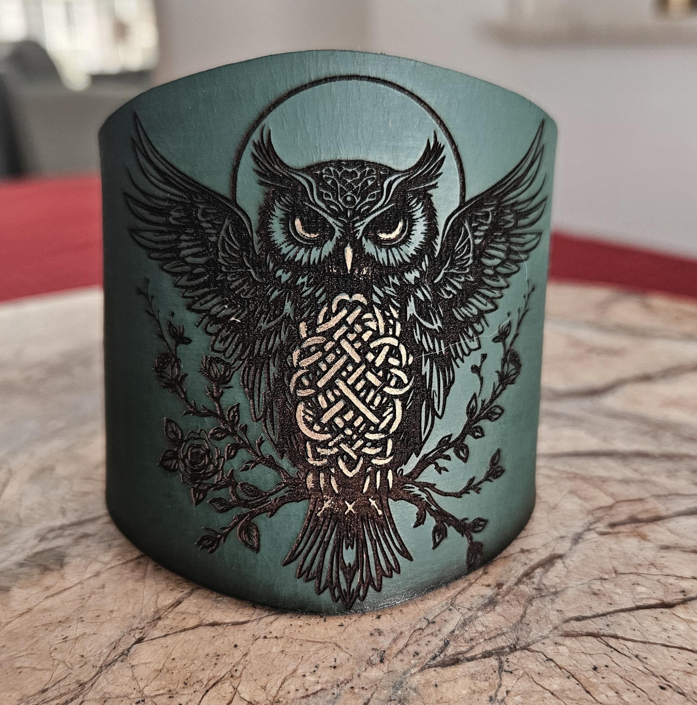 Engraved Owl Leather Cuff Bracelet: Spirit Animal Jewelry