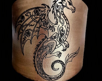 Engraved Dragon Roses Leather Cuff Bracelet