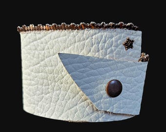 Beaded White Leather Cuff Bracelet