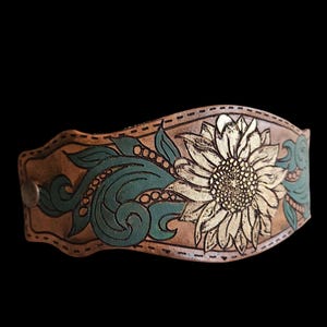 Engraved Sunflower Leather Cuff Bracelet: Hand-Painted Jewelry
