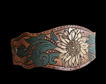 Engraved Sunflower Leather Cuff Bracelet: Hand-Painted Jewelry