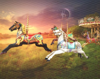 Enchanted dreams of carousel horses running free at sunset backdrops/background