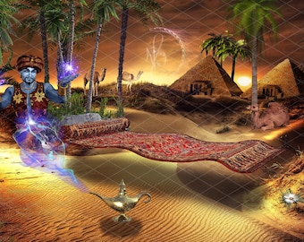 Magic carpet & genie in the desert digital backdrop/background, Photoshop composite
