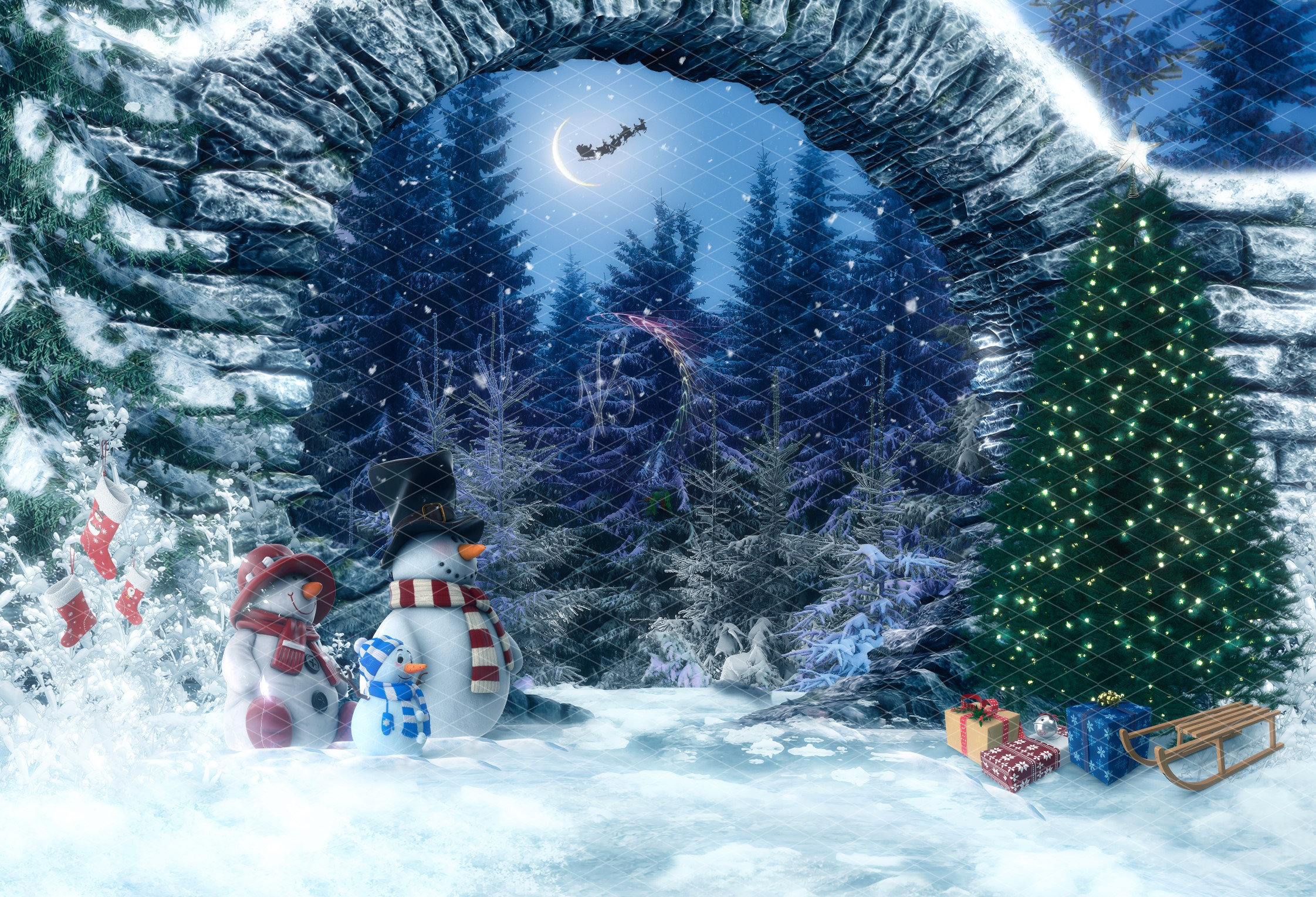 Snowman Christmas With Tree and Santa in a Magical Winter Wonderland 