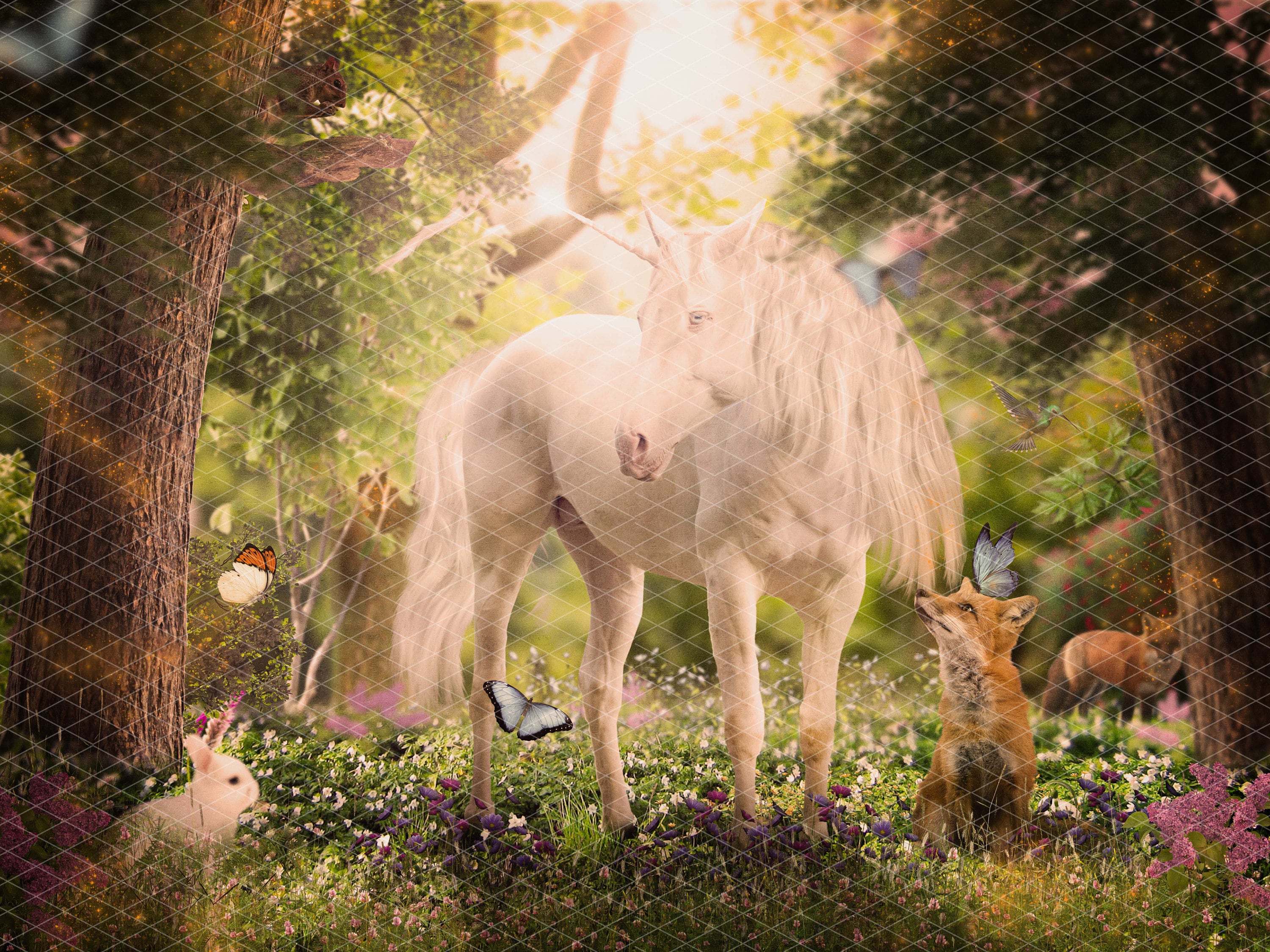 Gorgeous Unicorn magical forest scene with woodland animals