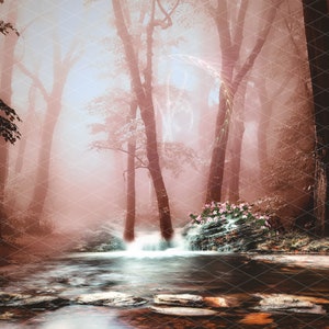 Misty woodland stream with stepping stones digital backdrop/background, Photoshop composite
