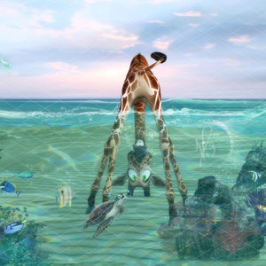 Whimsical/funny &#39;toon giraffe with head underwater watching fish and a turtle, digital backdrop/background, Photoshop composite