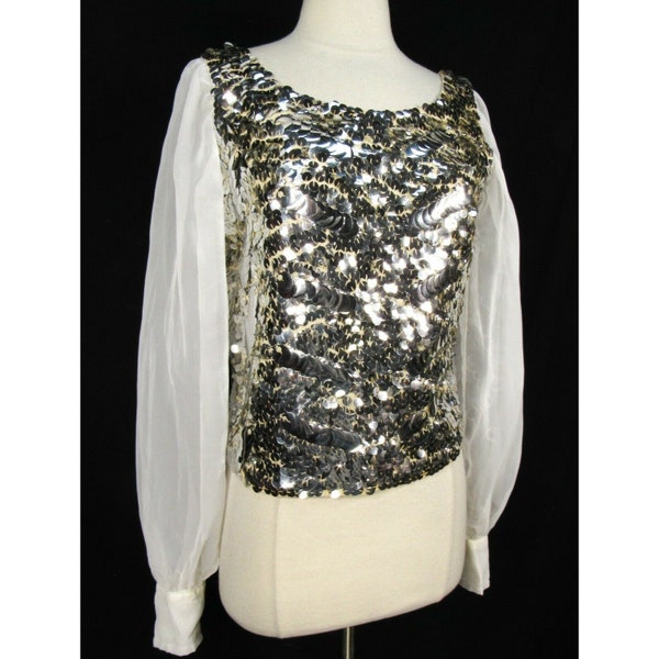 Vintage 60s Voguemont Wool Beaded Top Blouse M Sequin Sheer Chiffon Slv Silver