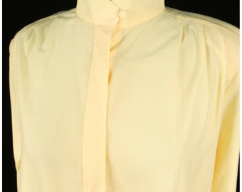 Vintage 90s Yves St. Clair Yellow Blouse M High Neck Long Sleeves Padded NOS