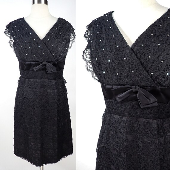 Vintage 60s Lace & Rhinestones Little Black Dress… - image 1