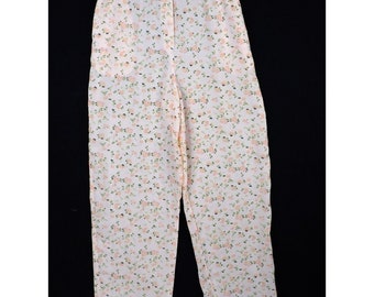 Vintage 90s Pastel Pink Tiny Floral Wide Leg Pants M Elastic Waist Gauze