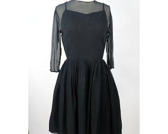 Vintage 50s Candy Jrs Black Chiffon Party Dress S Illusion Sheer Overlay AS-IS