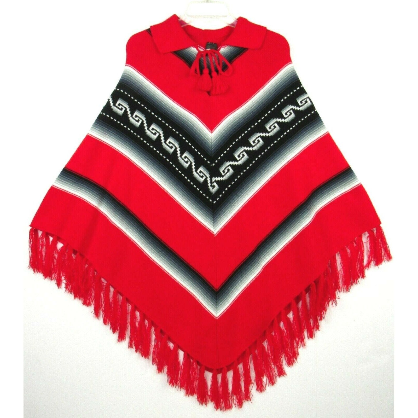 Vintage Tejidos Otavalo Acrylic Poncho Fringe Cape Sweater Red