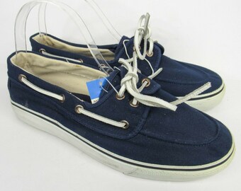 Vintage Merona Blue Canvas Loafers Boat Shoes Mens 7.5 Slip-On Leather Strap NOS