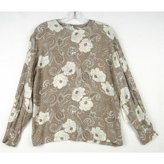 Vintage 90s Josephine Chaus Muted Gray Floral Print Blouse 8/M 