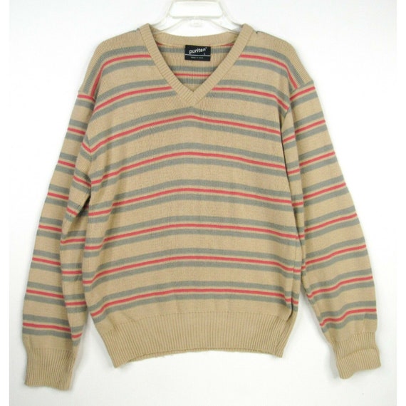 Vintage 80s Puritan Sweater Mens L Beige Stripes … - image 1