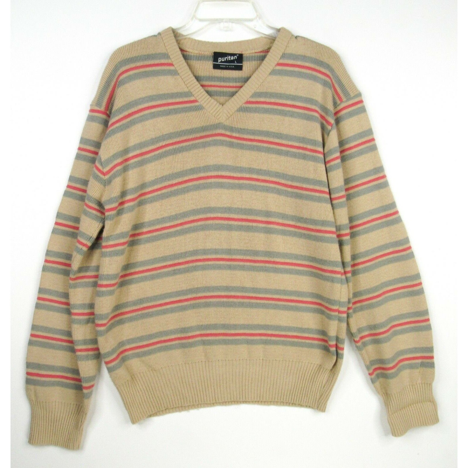 Vintage 80s Puritan Sweater Mens L Beige Stripes V-neck - Etsy