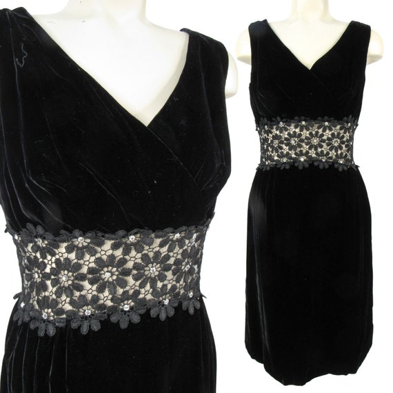 Vintage 60s Black Velvet Cocktail Mini Dress S Il… - image 1