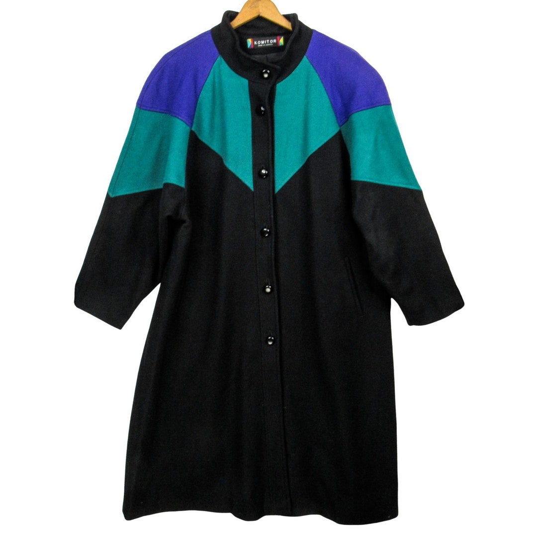 Vintage 80s Komitor Color Block Wool Long Maxi Raglan Coat 1X 2X Bold