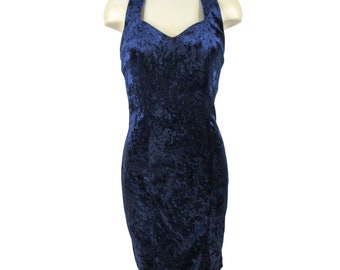 Vintage 90s Blue Crushed Velvet Halter Mini Dress S/M Stretch Y2K All That Jazz
