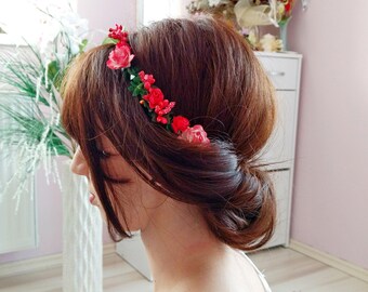 Red flower crown, flower headband, artificial flower and leaf, summer jewelry, wedding jewelry, bridesmaid jewelry, gift for her