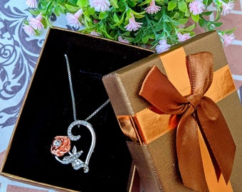 Heart pendant necklace with rose gold flower, heart with rose pendant, love necklace, love jewelry