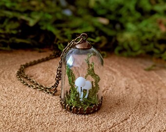 Mushroom bottle necklace, white mushroom, mushroom jewelry