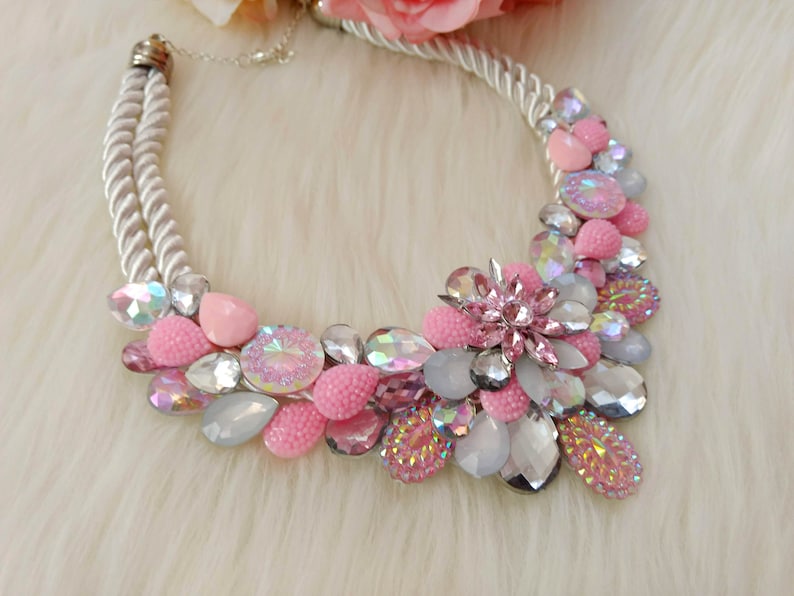 for any occasion Beautiful handmade bib statement necklace with pink acrylic gemstones and rainbow details floral necklace gift for her