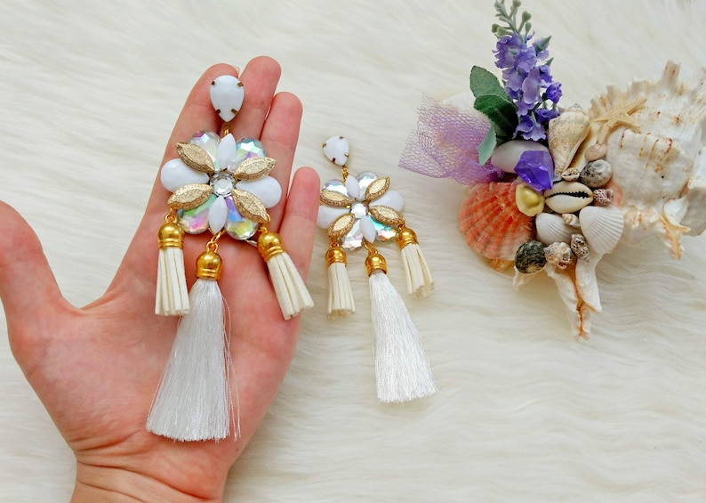 New gorgeous bib statement earrings in white color weddings summer gems bridesmaid gift gift for her bib statement earrings