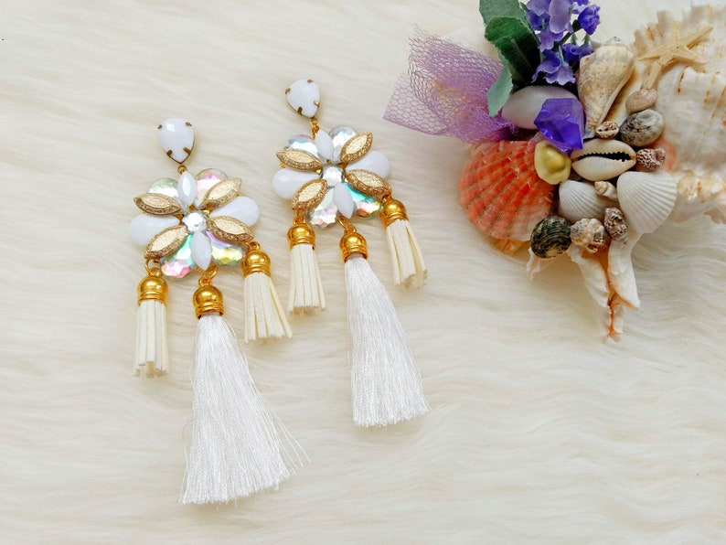 New gorgeous bib statement earrings in white color weddings summer gems bridesmaid gift gift for her bib statement earrings