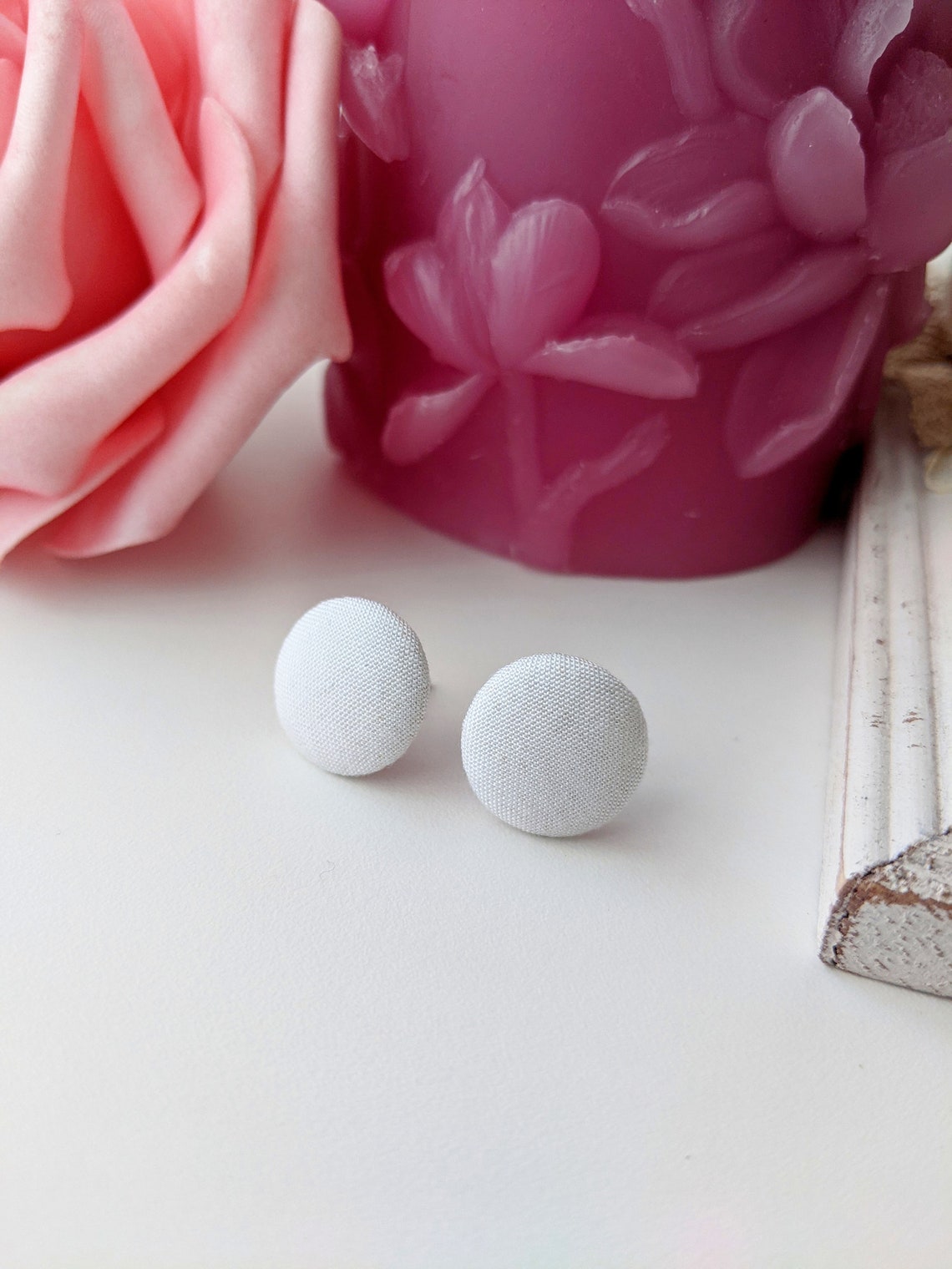 White Earrings Classy Earrings Simple Stud Earrings Fabric Etsy