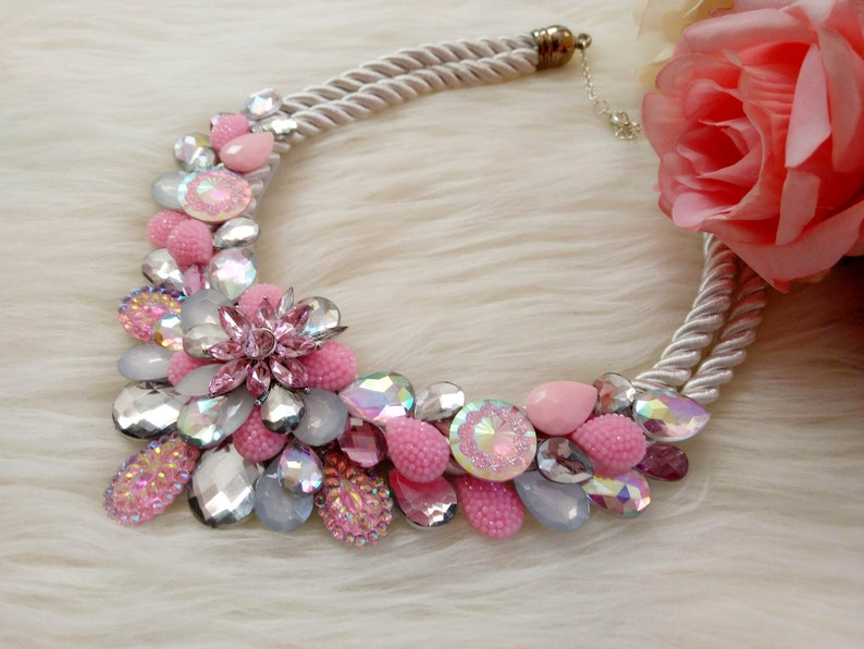 for any occasion Beautiful handmade bib statement necklace with pink acrylic gemstones and rainbow details floral necklace gift for her