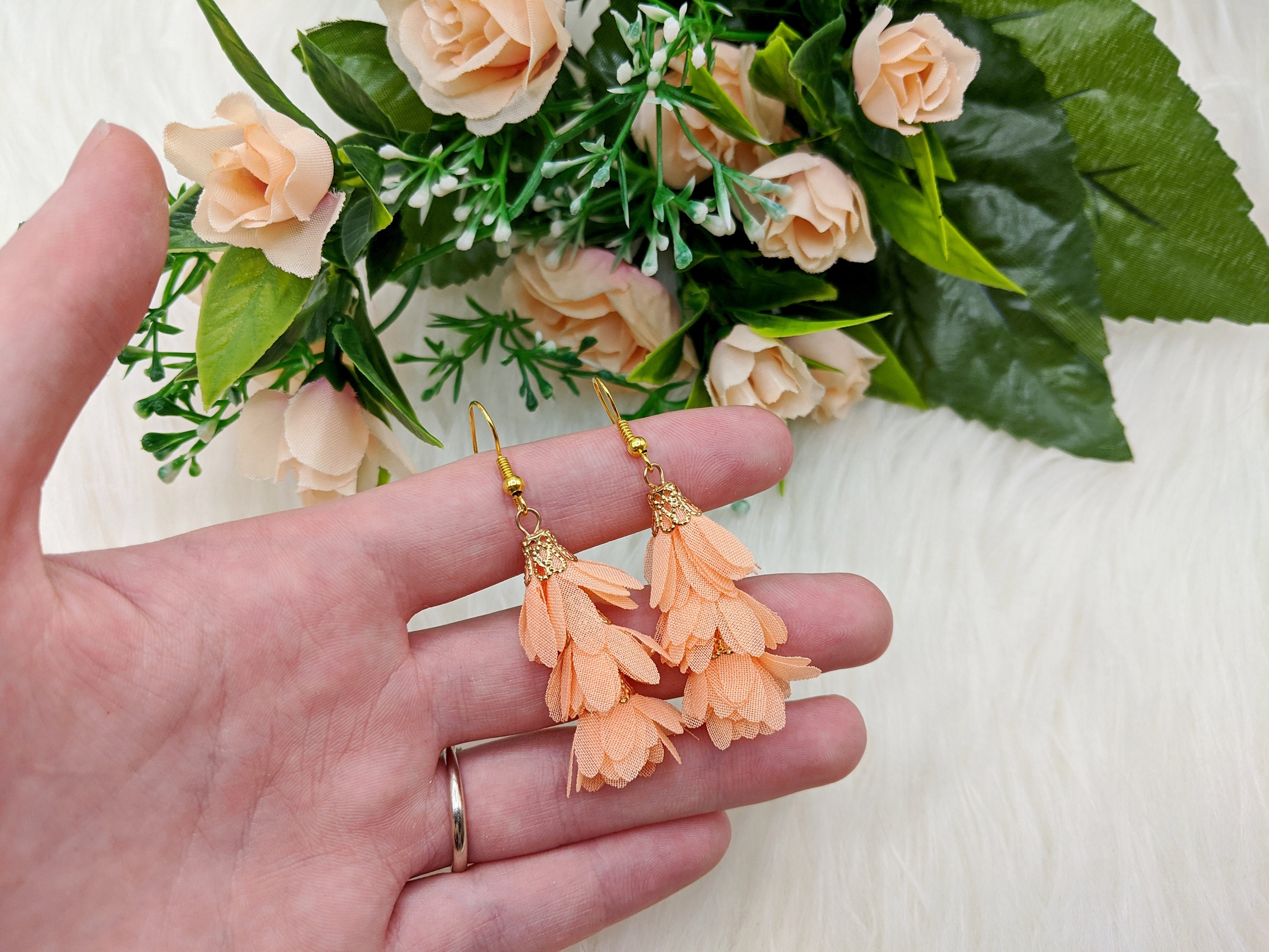 New dangle earrings in peach color with gold details peach Etsy