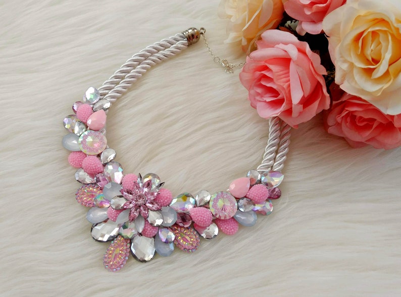for any occasion Beautiful handmade bib statement necklace with pink acrylic gemstones and rainbow details floral necklace gift for her