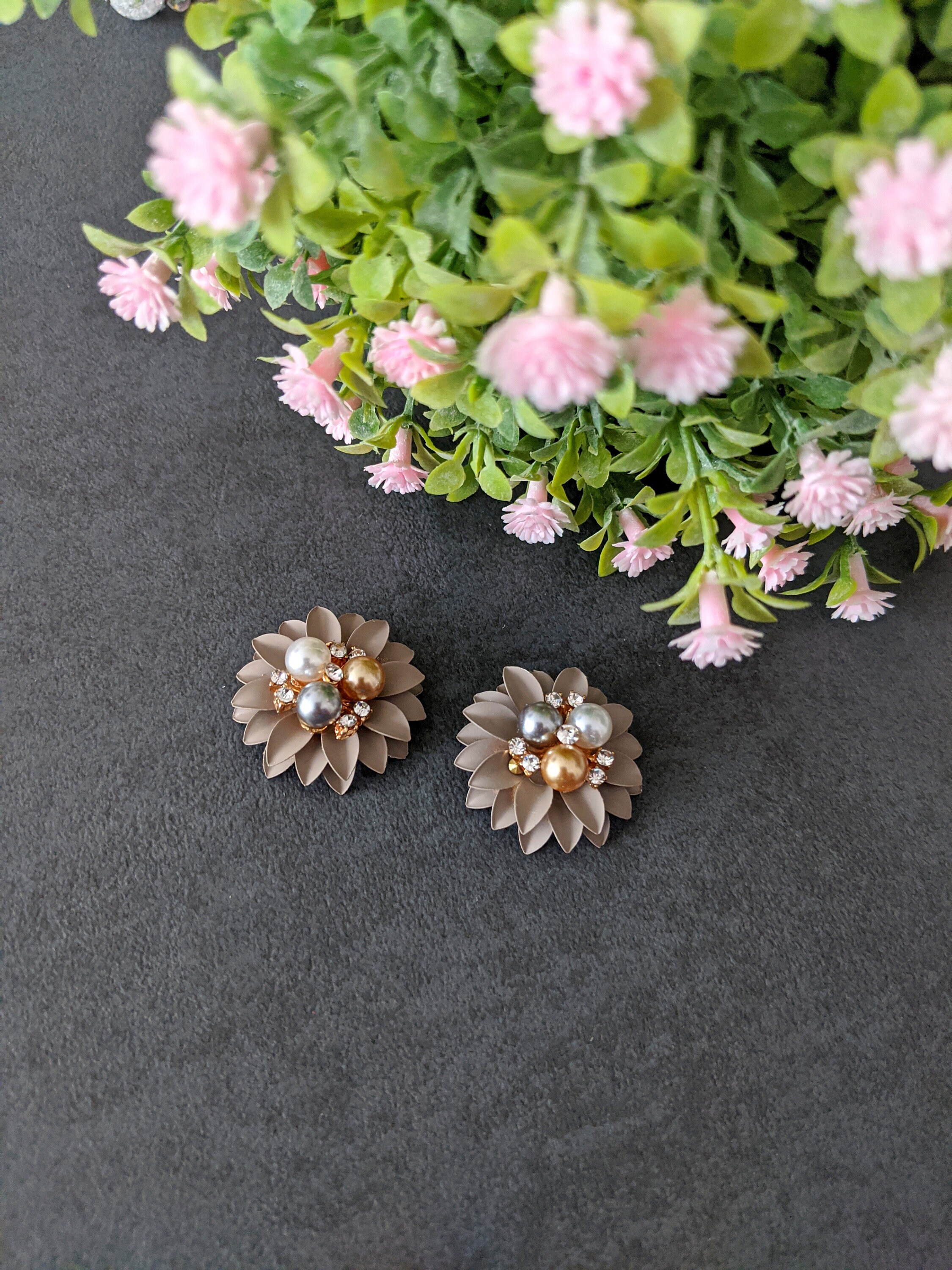 Brown flower stud earrings rhinestone flower earrings Etsy