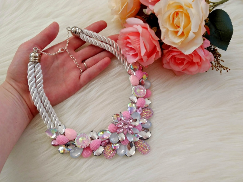 for any occasion Beautiful handmade bib statement necklace with pink acrylic gemstones and rainbow details floral necklace gift for her