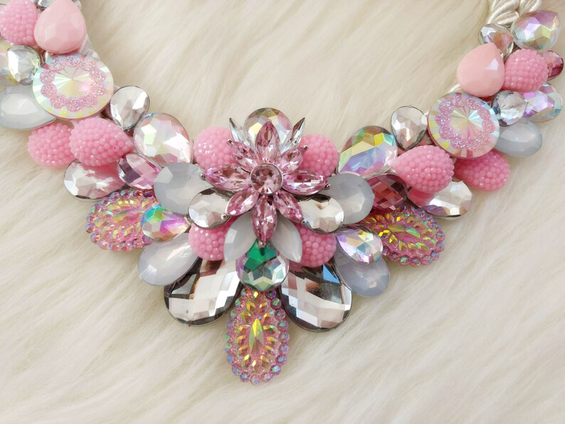 for any occasion Beautiful handmade bib statement necklace with pink acrylic gemstones and rainbow details floral necklace gift for her