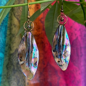 Abalone “Leaf” Earrings, Bronze Wire Wrapped Shell Statement Earrings