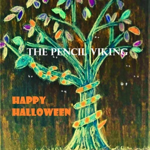This is an original art Halloween card. It is created by hand my hand . Its a Halloween tree complete with snake .