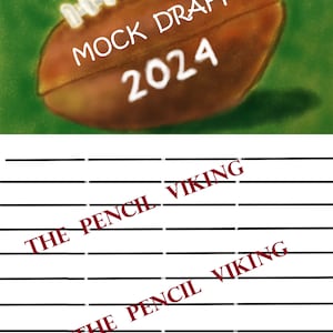 May include: A brown football with white laces and the text "MOCK DRAFT 2024" written on it. The football is on a green background.