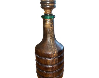 Italian Leather Whiskey Decanter With Chains Vintage Mid-Century Barware 1960s