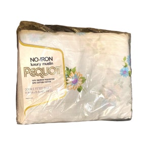 Vintage No Iron Muslin Pequot Double Fitted Sheet for 54x76&quot; Maytime Flowers NOS