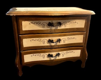 Vtg  60s Apco Japan Wooden Jewelry Chest Music Box 3 Velvet-Lined Drawers Hand-Painted