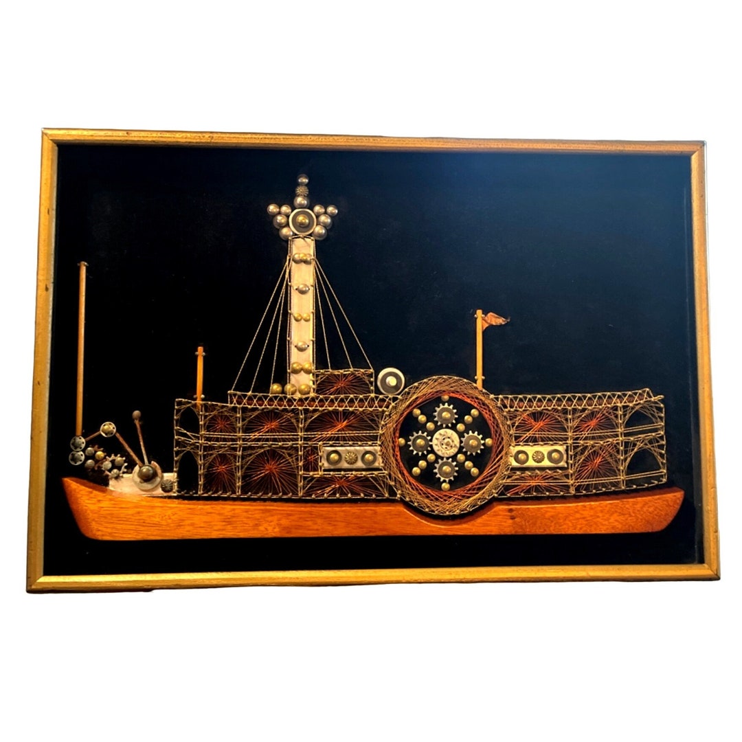 Vtg Velvet Steamboat Wire String Art Steam Punk Shadow Box Framed 70's