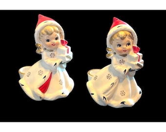 Vtg 1950s Napco Snowflake Girl Candle Holders Ceramic Christmas Figurines Holiday Decor