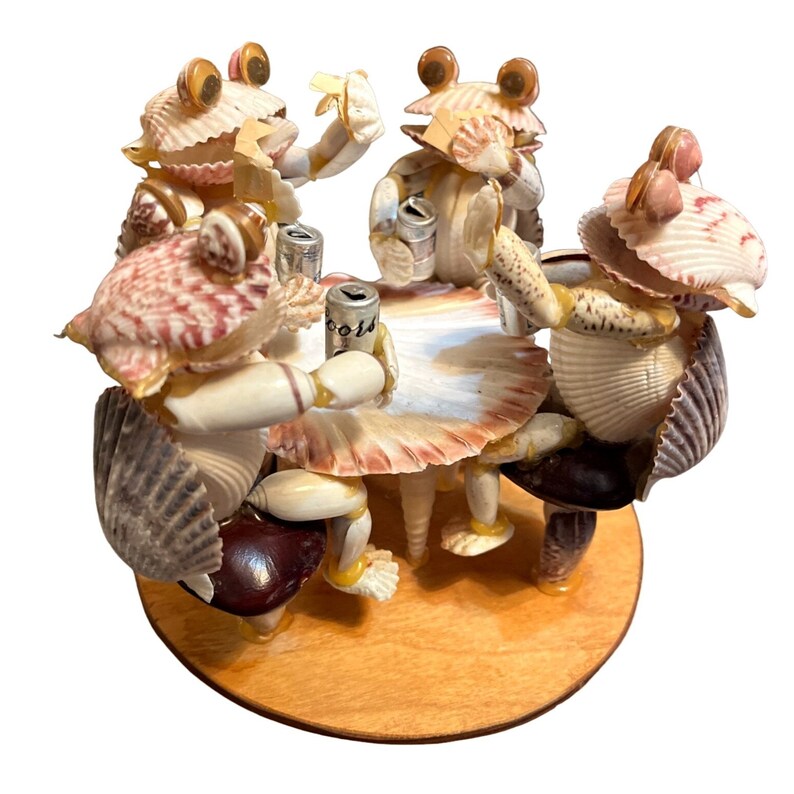 Vtg 70's Seashell 4 Clam Guys Googly Eyes Playing Cards Drinking Beer