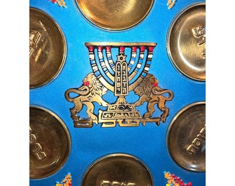 Vtg Israel  Menorah Metal Wall Display Plate Passover Lions Of Judah 13"