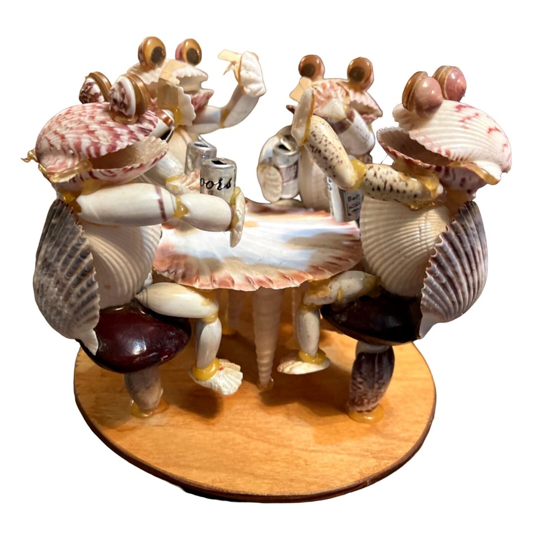 Vtg 70's Seashell 4 Clam Guys Googly Eyes Playing Cards Drinking Beer